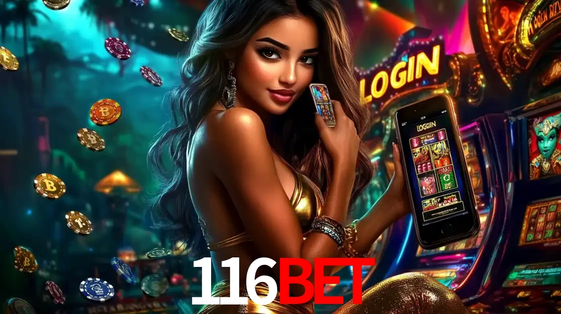 Mulher em um cenário de cassino temático de aventura, mostrando o app de caça-níqueis da 116BET no celular. Fichas de apostas flutuam ao redor.