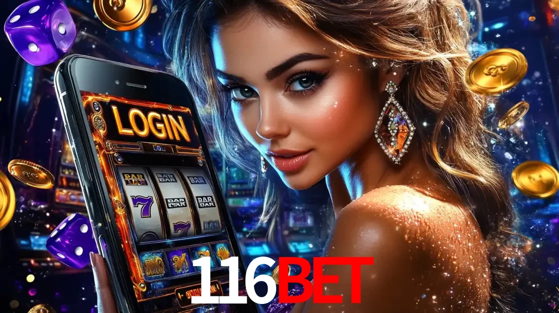Mulher glamorosa segurando um smartphone com a tela de login para os jogos de caça-níqueis do cassino online 116BET, com moedas de ouro e dados ao redor.