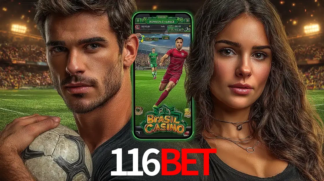 Homem segurando uma bola de futebol e uma mulher ao lado de um smartphone exibindo o jogo de apostas esportivas da 116BET. Faça seu palpite no cassino online.